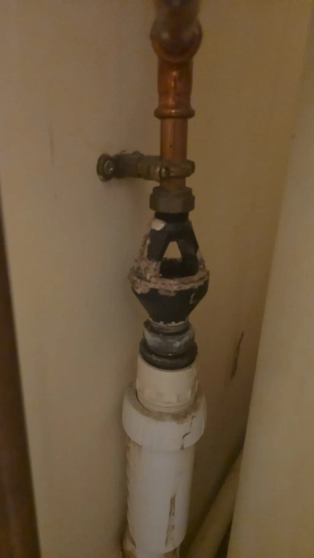 A corroded gate valve on a copper pipe, furred up and ready to fail, on a Cardiff maintenance call